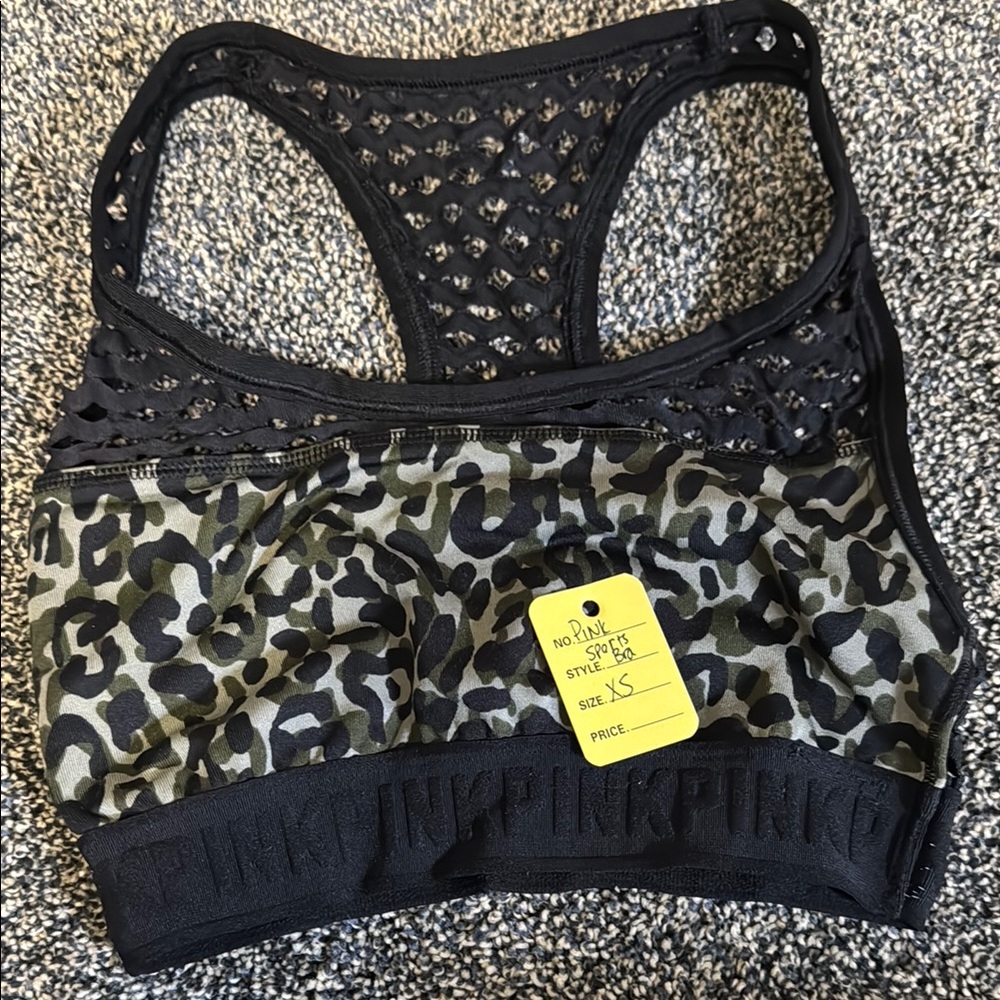 PINK Victoria's Secret Black and Green Sports Bra with Racerback